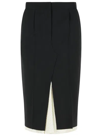 Marni Midi Skirt In Cool Black Virgin Wool With Exposed Lining
