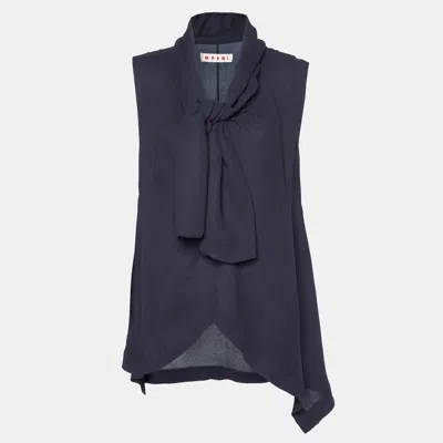 Pre-owned Marni Midnight Blue Crepe Draped Collar Sleeveless Top S In Navy Blue