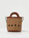 Marni Light Brown Woven Fabric And Leather Bag With Circular Handles In Natural