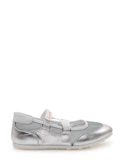 Marni Mini Ballerina Flats With Double Strap And Mesh Insert In Silver