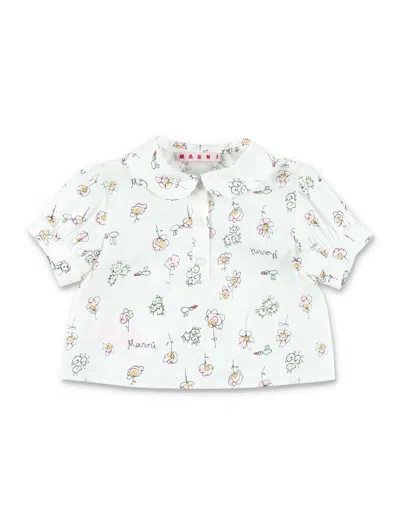 Marni Mini Illustrated Cotton Shirt With Button Closure In White