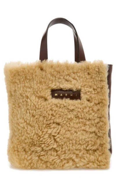 Marni Mini Museo Genuine Shearling Tote In Purple