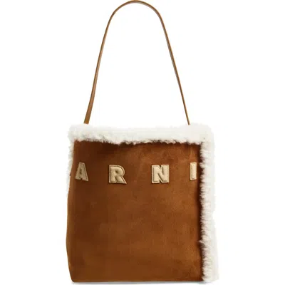 Marni Museo Shearling-trimmed Suede Shoulder Bag In Brown