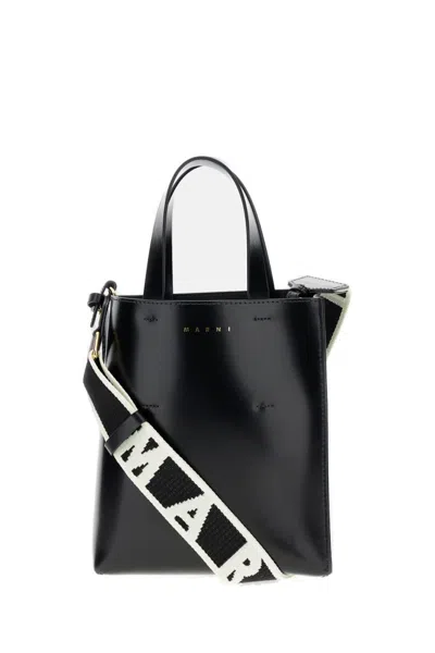 Marni Mini North/south Calf Leather Tote With Adjustable Logo Strap In Black