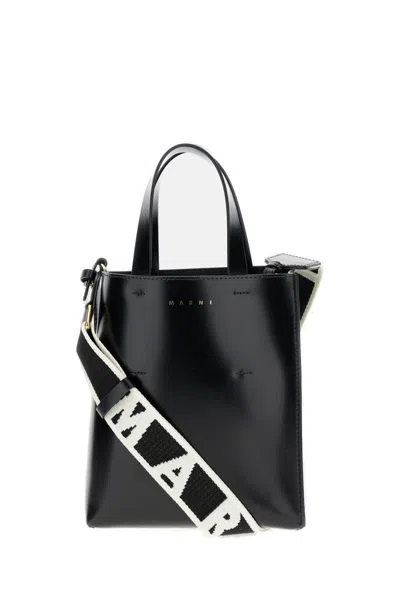 Marni Mini North/south Calf Leather Tote With Adjustable Logo Strap In Black