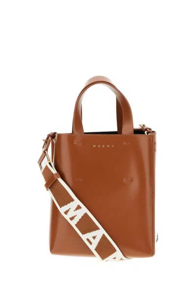 Marni Mini North/south Calf Leather Tote With Gold Accents In Brown