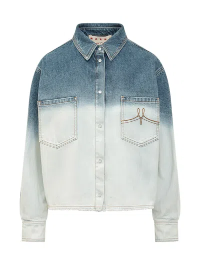 Marni Mini Shirt With Tasche Applicate And Ombre Effects In Antique White
