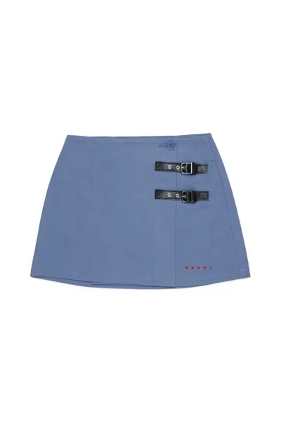 Marni Kids' Buckle-detail Logo-embroidered Skirt In Blue