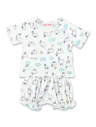 Marni Mini Two-piece Newborn Set With Illustrated Print In White