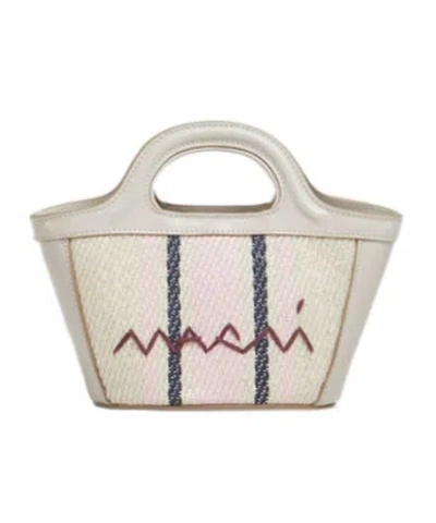 Marni Miniature Gray Leather And Sedge Effect Cloth Bag In Multicolor