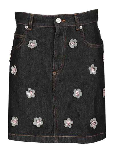 Marni Black Deni Skirt With Daisy Appliques In Blue