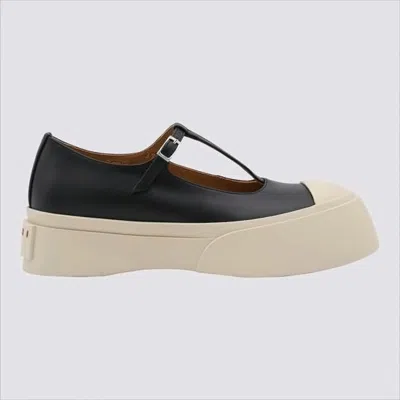 Marni Minimalistic Black Leather Sneakers With T-strap And Chunky Sole In Multi