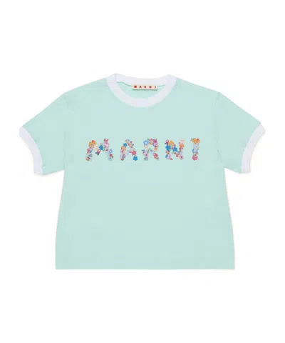Marni Babies' Mint Green T-shirt With Holiday Logo In Blue