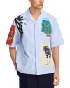 Marni Striped Short Sleeve Shirt With Graphic Patches In Blue