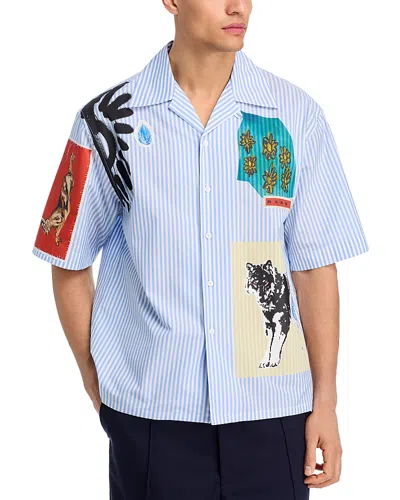 Marni Mixed Media Boxy Fit Bowling Shirt In Blue