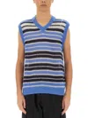 Marni Mens Striped-print V-neck Relaxed-fit Wool-blend Vest Blue Lilac In Multicolour