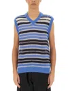 Marni Mens Striped-print V-neck Relaxed-fit Wool-blend Vest Blue Lilac In Multicolour