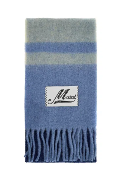 Marni Block Frayed Knitted Mohair Wool Scarf In Blue