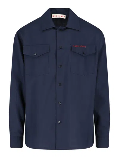 Marni Wool Shirt With Logo Embroidery In Black