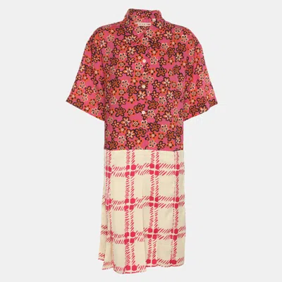 Marni Multicolor Lyocell And Linen Pleated Mini Dress In Pink