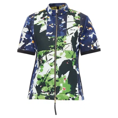 Marni Multicolor Paint Print Scuba Leather Zip Short Sleeve Coat It42 M In Blue