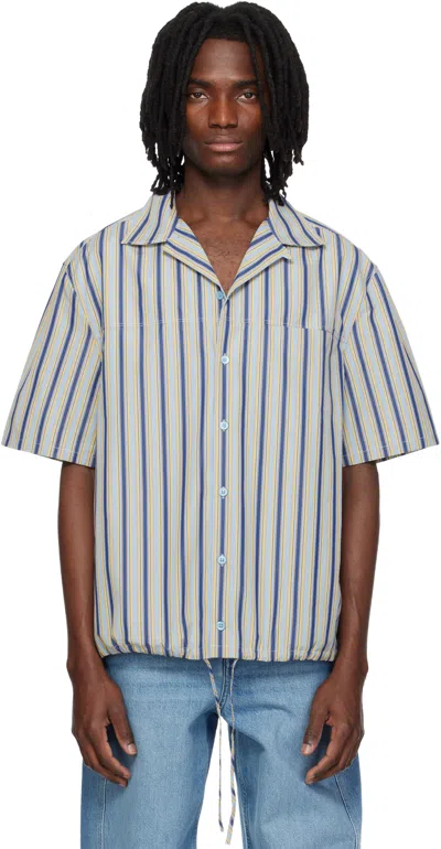 Marni Multicolor Striped Drawstring Hem Cotton Shirt In Blue