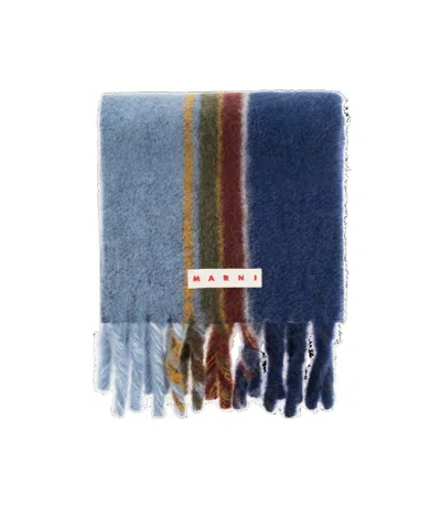 MARNI MARNI LOGO PATCH STRIPED KNIT FRINGED SCARF