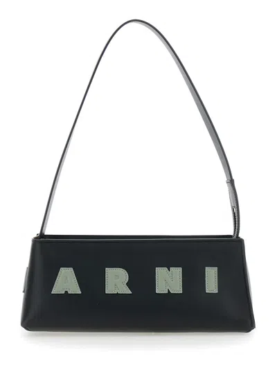 Marni 'museo' Black Shoulder Bag With Thin Shoulder Strap And Contrasting Logo On The Front In Leath