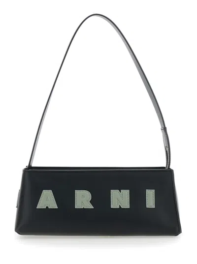 Marni Museo Black Shoulder Bag With Thin Shoulder Strap And Contrasting Logo On The Front In Leather Woman