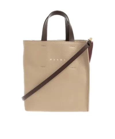 Marni Mini Museo Logo-print Pebbled-leather Tote Bag In Brown