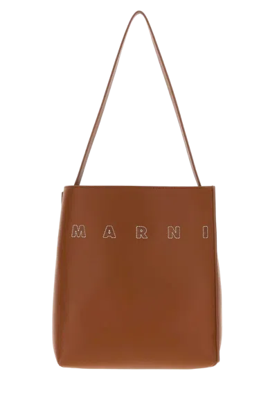 Marni Embroidered-logo Tote Bag In Brown