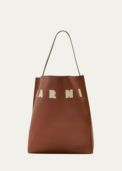 Marni Museo Large Logo Calfskin Tote Bag In Brown