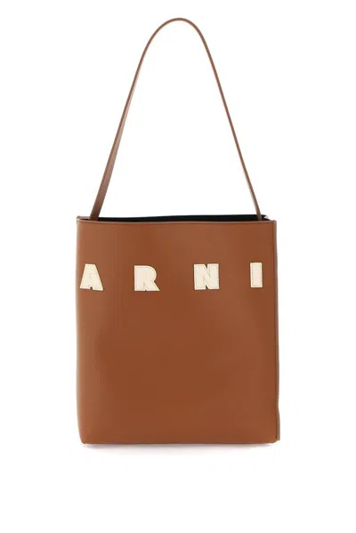 Marni Museo Logo-patch Small Shoulder Bag In Marrone