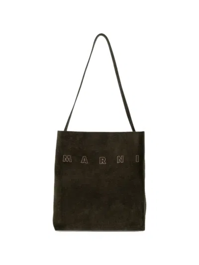Marni Museo Logo-embroidered Suede Tote Bag In Green