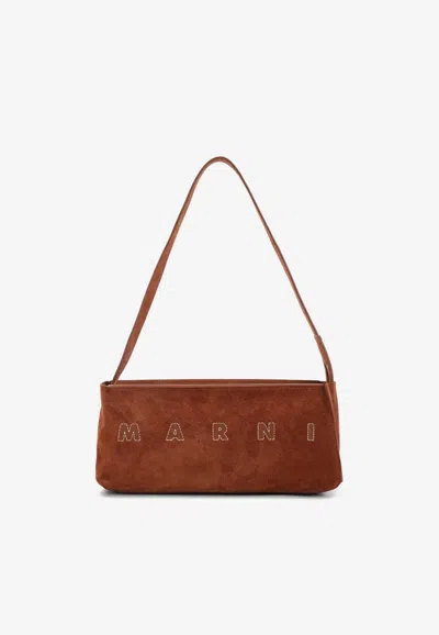Marni Museo Logo-embroidered Suede Shoulder Bag In Brown