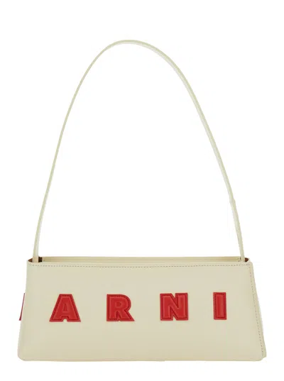 Marni 'museo' White Shoulder Bag With Thin Shoulder Strap And Contrasting Logo On The Front In Leath