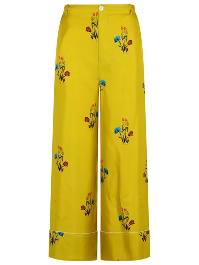 Marni Floral Print Wide Leg Silk Pants In Yellow