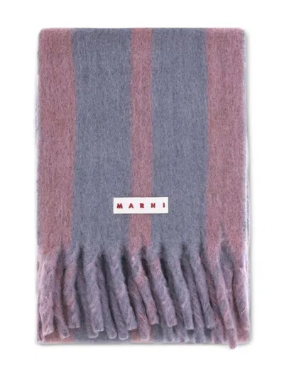MARNI MUTED GREY AND PURPLE STRIPED WOOL BLEND SCARF