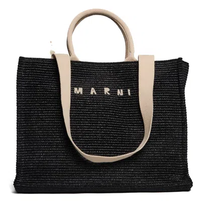 Marni Natural Raffia Effect Fabric Large Tote Bag In Black
