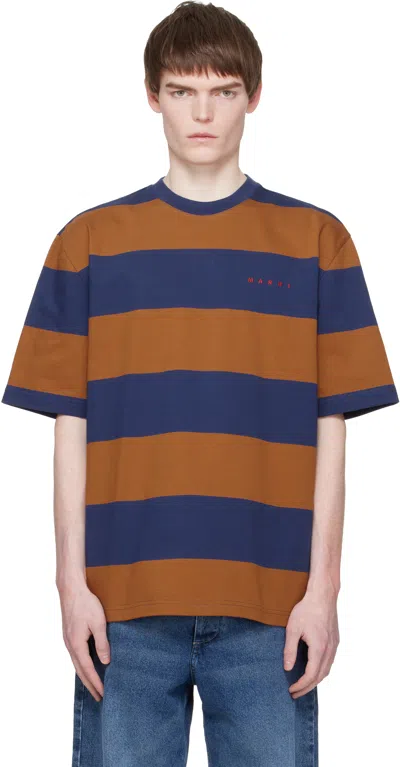 Marni Navy & Tan Maxi-stripe Cotton T-shirt In Animal Print