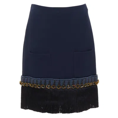 Pre-owned Marni Navy Bead Black Crystal Fringe Embellished Hem Knee Skirt It38 Xs In Blue