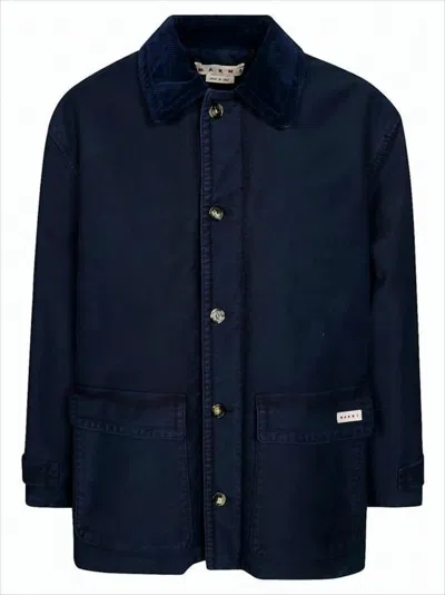 Marni Single-breasted Coat With Corduroy Collar And Relaxed Fit In Blue