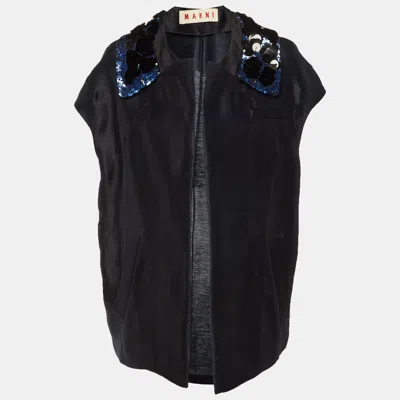 Marni Navy Blue Embellished Detail Silk & Linen Open Jacket In Black