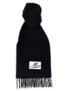Marni Fringed Wool Blend Scarf With Maxi Logo Patch In Black