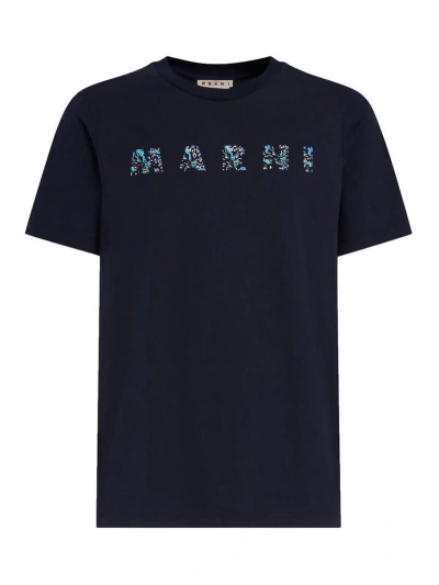 Marni Floral Logo Print Cotton Jersey T-shirt In Blue
