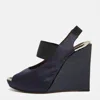 Marni Navy Blue Satin Slingback Wedge Sandals In Multi