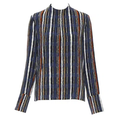 Pre-owned Marni Navy Blue Stripe Print Silk Wide Cuff Collarless Blouse Top It40 S