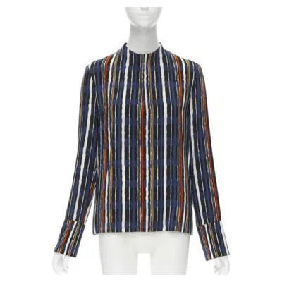 Pre-owned Marni Navy Blue Stripe Print Silk Wide Cuff Collarless Blouse Top It40 S
