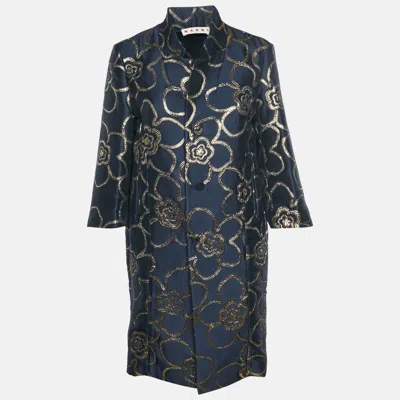 Pre-owned Marni Navy Blue/gold Metallic Floral Jacquard Overcoat M