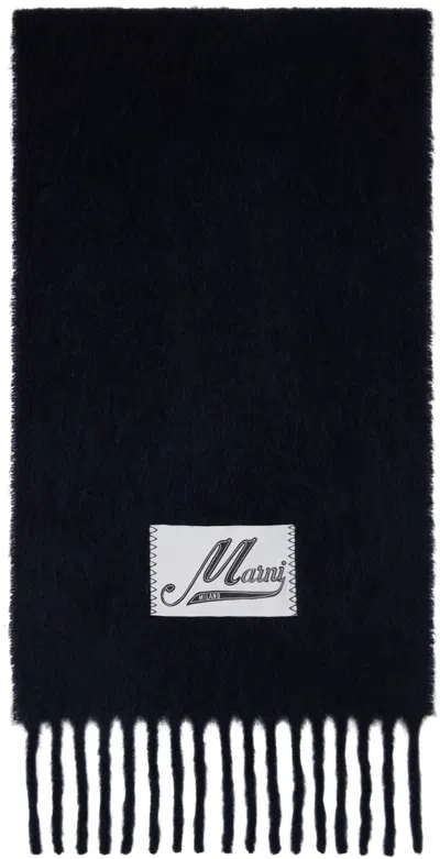 Marni Navy Brushed Alpaca Fringes Scarf In 00b99 Blublack